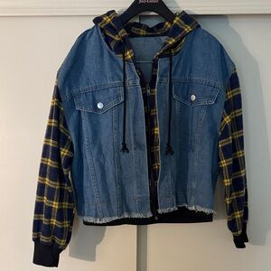NWOT SHEIN Blue and Yellow Plaid Denim Jacket